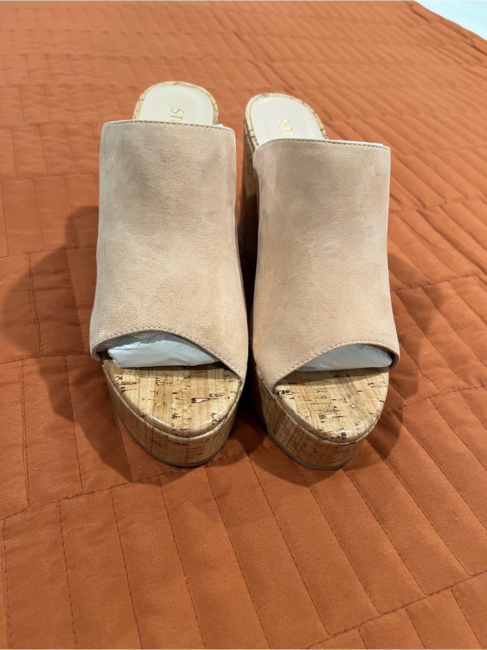 Stuart Weitzman Blush Suede Cork Platform Mules